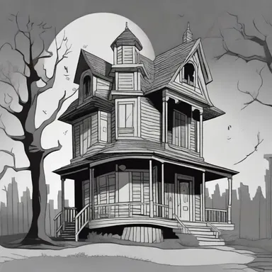 The artist used shades of gray to depict the dinginess of the old haunted house in the cartoon.