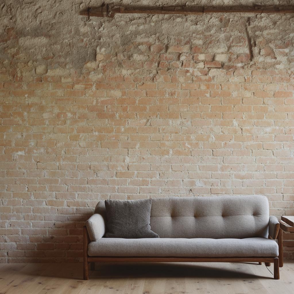 A simple aesthetic room that features a comfy sofa and a characterful brick wall for a rustic charm.