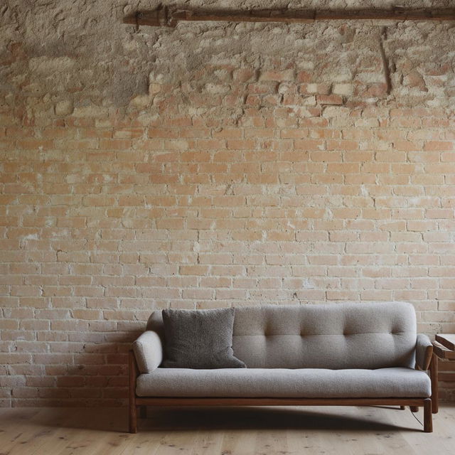 A simple aesthetic room that features a comfy sofa and a characterful brick wall for a rustic charm.