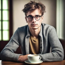 This high-quality image features a young European male with glasses sitting next to a steaming cup of tea