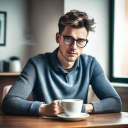 This high-quality image features a young European male with glasses sitting next to a steaming cup of tea