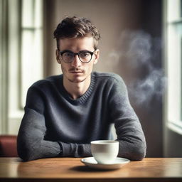 This high-quality image features a young European male with glasses sitting next to a steaming cup of tea