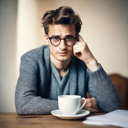 This high-quality image features a young European male with glasses sitting next to a steaming cup of tea