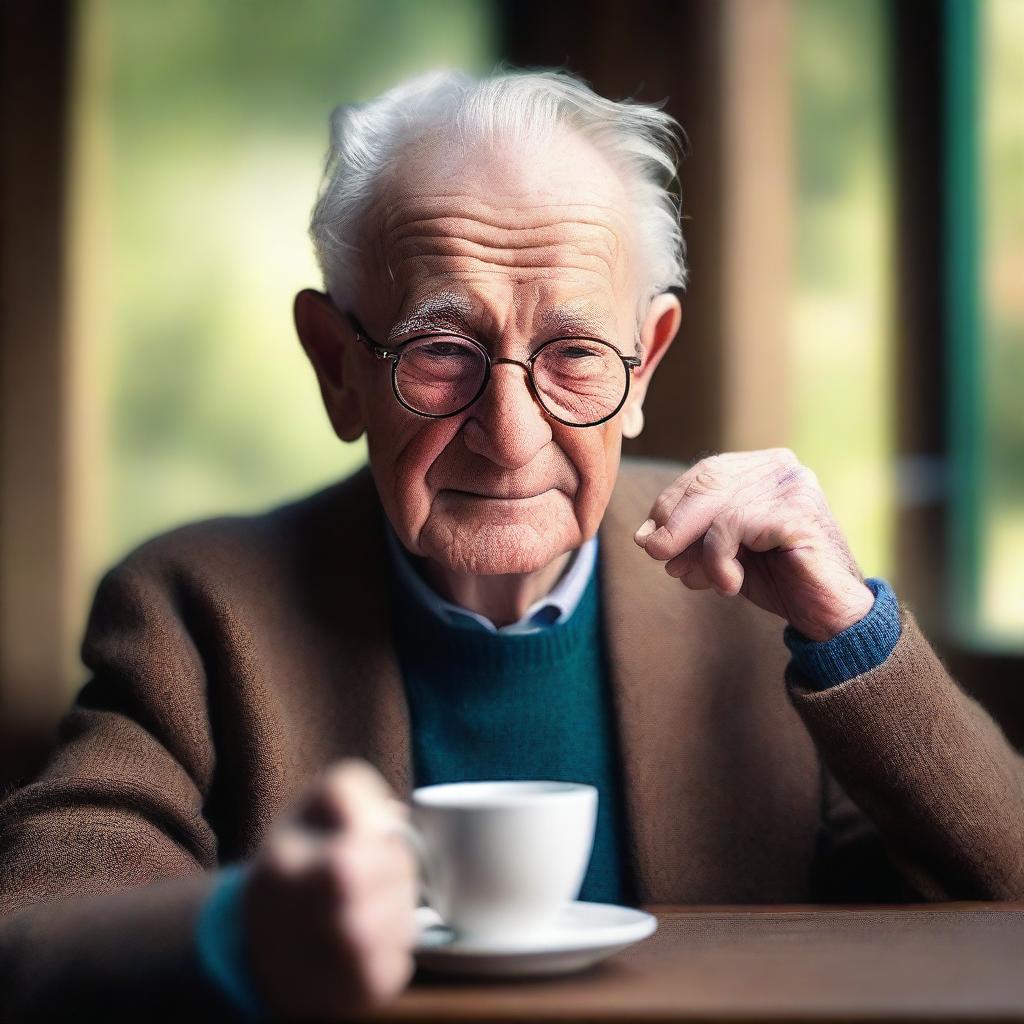 The image is a high-quality capture of an elderly European man with glasses, seated next to a hot cup of tea