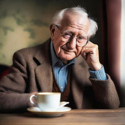 The image is a high-quality capture of an elderly European man with glasses, seated next to a hot cup of tea