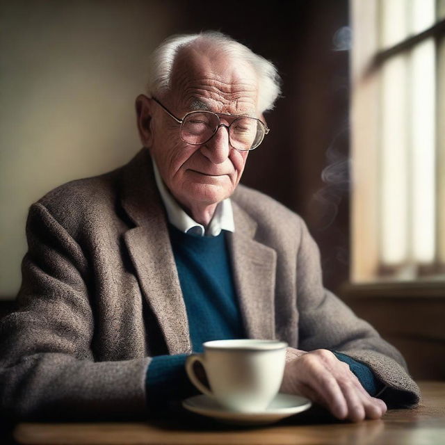 The image is a high-quality capture of an elderly European man with glasses, seated next to a hot cup of tea