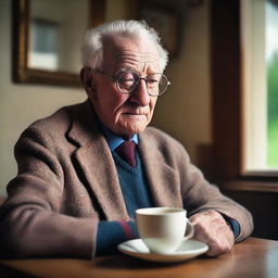 The image is a high-quality capture of an elderly European man with glasses, seated next to a hot cup of tea