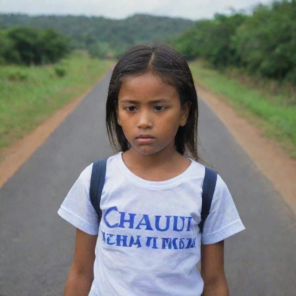 A young girl wearing a shirt bearing the name 'Chatumi', intently looking down a long, winding road.