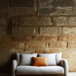 A simple aesthetic room that features a comfy sofa and a characterful brick wall for a rustic charm.