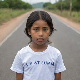 A young girl wearing a shirt bearing the name 'Chatumi', intently looking down a long, winding road.