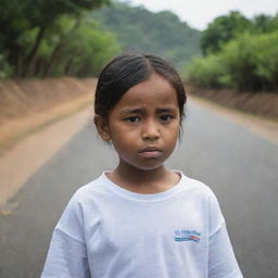 A young girl wearing a shirt bearing the name 'Chatumi', intently looking down a long, winding road.