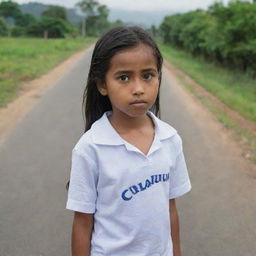 A young girl wearing a shirt bearing the name 'Chatumi', intently looking down a long, winding road.