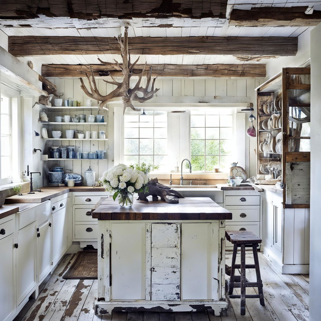 A rustic kitchen in pure white, with weathered wooden panels, a farmhouse sink, marble countertops, an island with a butcher block top, a vintage refrigerator, and an antler chandelier.