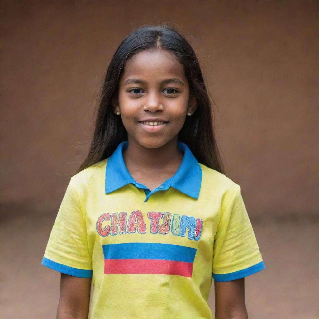 A young girl, confidently sporting a casual shirt with the vibrant word 'Chatumi' emblazoned across it.