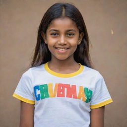 A young girl, confidently sporting a casual shirt with the vibrant word 'Chatumi' emblazoned across it.