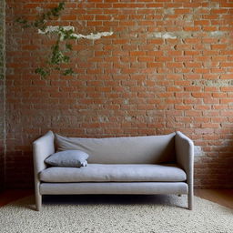 A simple aesthetic room that features a comfy sofa and a characterful brick wall for a rustic charm.