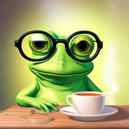 This high-quality digital art image portrays a wise old frog with glasses sitting next to a hot cup of tea