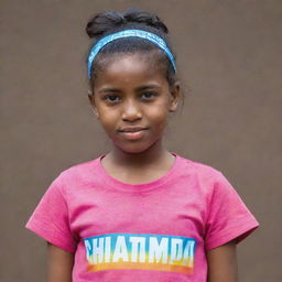 A young girl, confidently sporting a casual shirt with the vibrant word 'Chatumi' emblazoned across it.