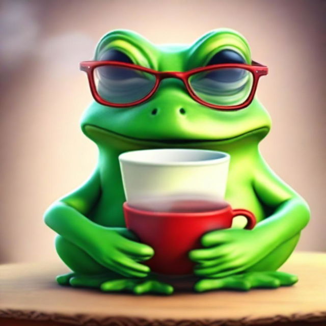 This high-quality digital art image portrays a wise old frog with glasses sitting next to a hot cup of tea