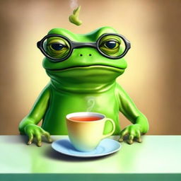 This high-quality digital art image portrays a wise old frog with glasses sitting next to a hot cup of tea