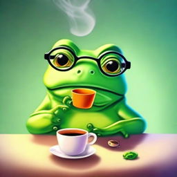 This high-quality digital art image portrays a wise old frog with glasses sitting next to a hot cup of tea