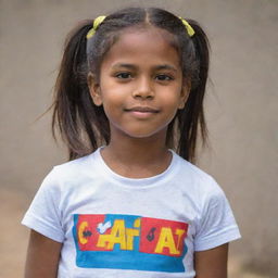 A young girl, confidently sporting a casual shirt with the vibrant word 'Chatumi' emblazoned across it.