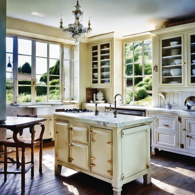 A pristine white French country kitchen with marble countertops, vintage-style cabinetry, a farmhouse sink, an island with wooden stools, an Aga cooker, and a vintage refrigerator. The room is bathed in natural light from large windows that offer views of the lush countryside.