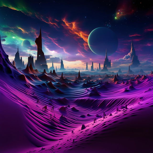 Alien sand dunes in a mystical desert under an ethereal skyscape from another dimension, captured in intricate cosmic digital photography.