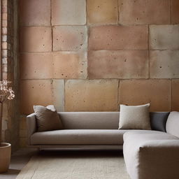 An upgraded simple aesthetic room featuring a comfortable sofa and a nicely textured, artisan brick wall, enhanced with tasteful decor for a sublime aesthetic.