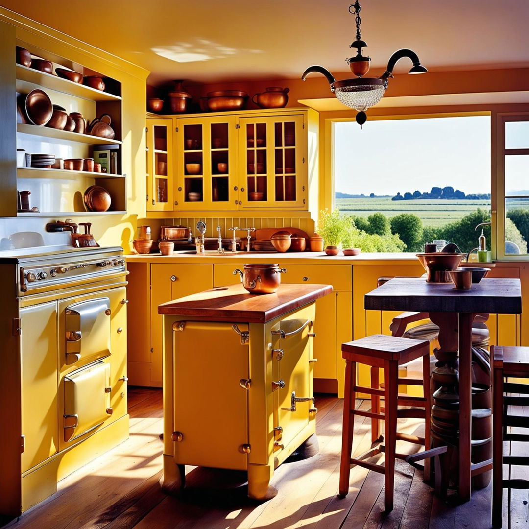 A warm-toned French country kitchen with honey-colored wooden countertops, sun-kissed yellow cabinetry, a copper farmhouse sink, an island with wooden stools, a copper Aga cooker, and a vintage refrigerator. The room is bathed in natural light from large windows that offer views of the vibrant countryside.