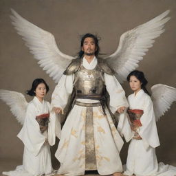 A wounded samurai held aloft by three female angels, their faces filled with concern. The samurai wears traditional Japanese armor, and the angels are shrouded in luminescent white robes.