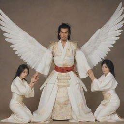 A wounded samurai held aloft by three female angels, their faces filled with concern. The samurai wears traditional Japanese armor, and the angels are shrouded in luminescent white robes.