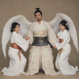 A wounded samurai held aloft by three female angels, their faces filled with concern. The samurai wears traditional Japanese armor, and the angels are shrouded in luminescent white robes.