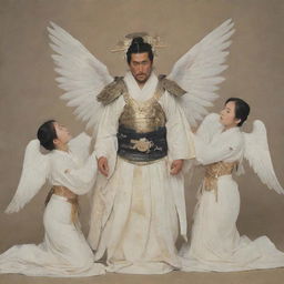 A wounded samurai held aloft by three female angels, their faces filled with concern. The samurai wears traditional Japanese armor, and the angels are shrouded in luminescent white robes.