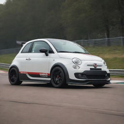 A souped-up Fiat 500 race car, equipped with aggressive front diffusers and a large rear wing spoiler, hinting at serious speed and performance.