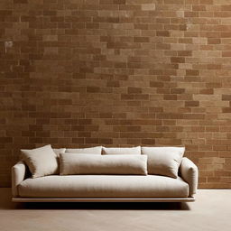 An upgraded simple aesthetic room featuring a comfortable sofa and a nicely textured, artisan brick wall, enhanced with tasteful decor for a sublime aesthetic.