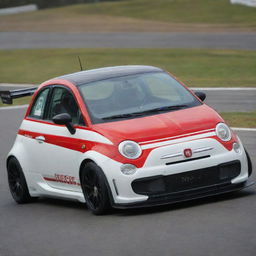 A souped-up Fiat 500 race car, equipped with aggressive front diffusers and a large rear wing spoiler, hinting at serious speed and performance.