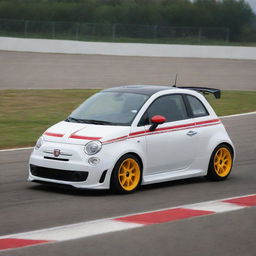 A souped-up Fiat 500 race car, equipped with aggressive front diffusers and a large rear wing spoiler, hinting at serious speed and performance.