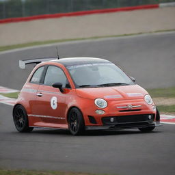 A souped-up Fiat 500 race car, equipped with aggressive front diffusers and a large rear wing spoiler, hinting at serious speed and performance.