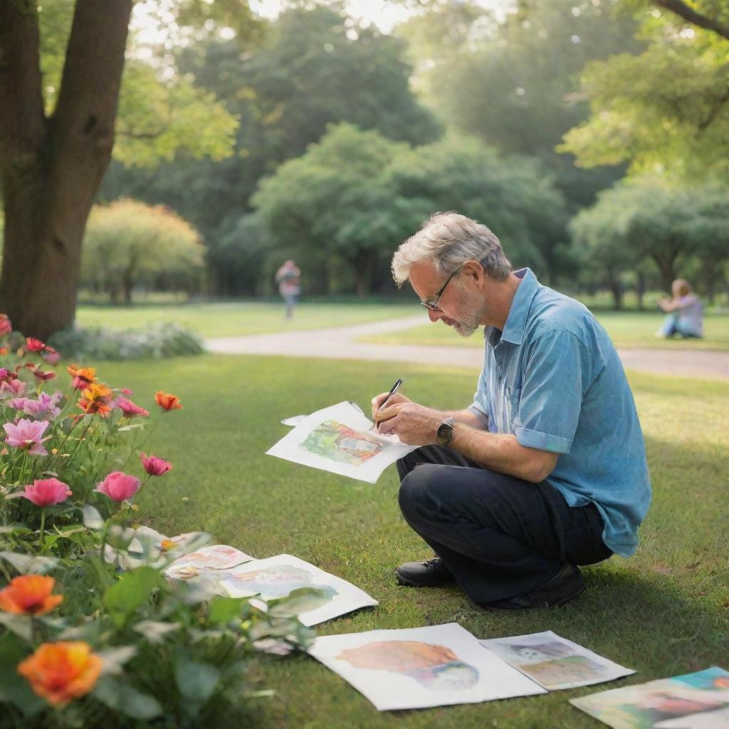 An artist engrossed in creating a self-portrait, surrounded by the vibrant, peaceful ambiance of a lush park.