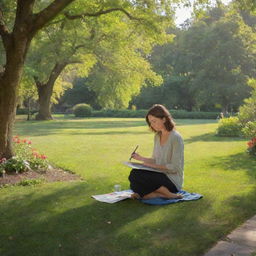 An artist engrossed in creating a self-portrait, surrounded by the vibrant, peaceful ambiance of a lush park.