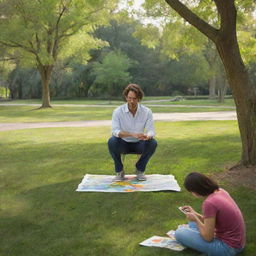 An artist engrossed in creating a self-portrait, surrounded by the vibrant, peaceful ambiance of a lush park.