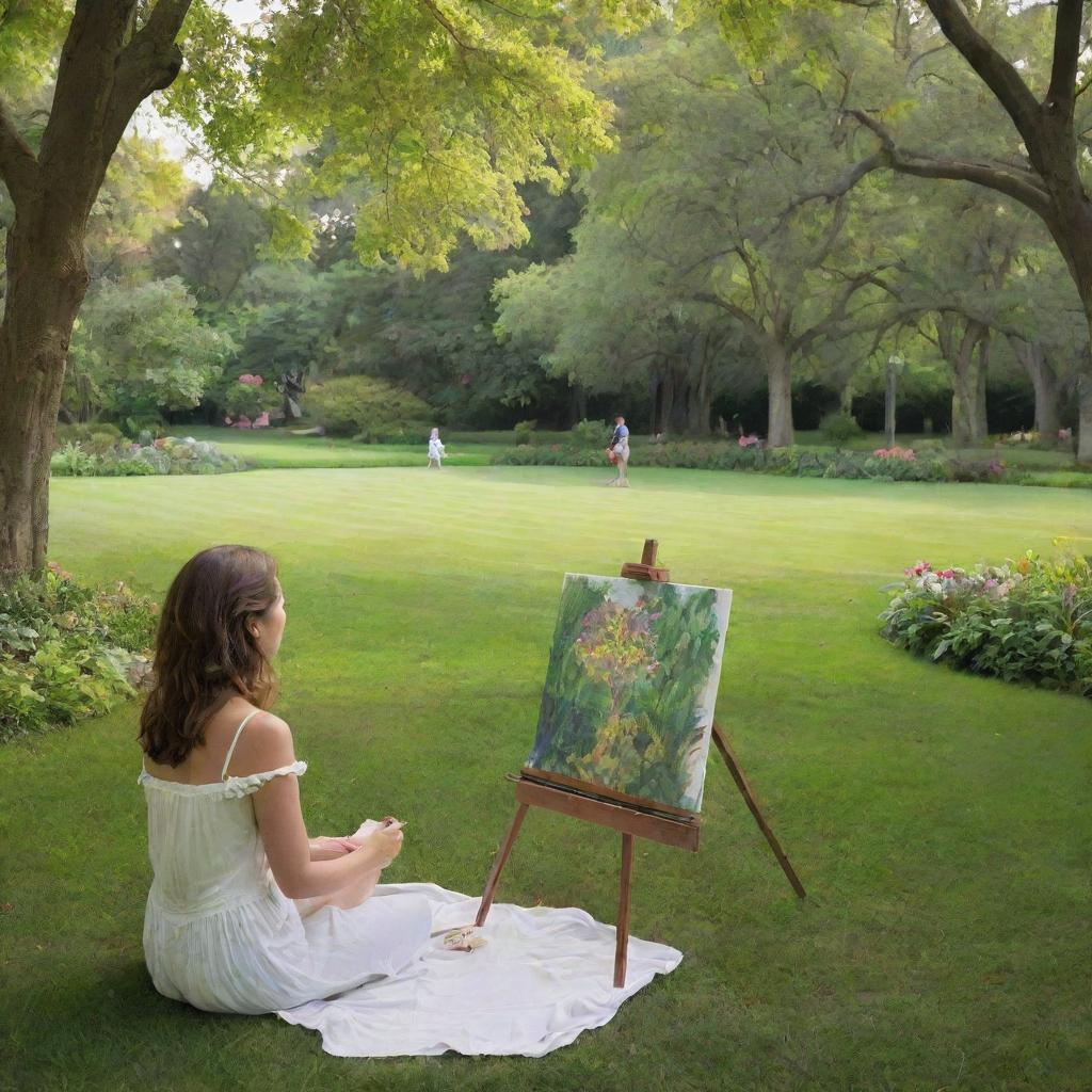 An artist engrossed in creating a self-portrait, surrounded by the vibrant, peaceful ambiance of a lush park.