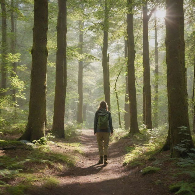 A lone woman traversing through a dense, verdant forest dappled with sunlight. She's dressed in outdoor clothing, alert and appreciating the surrounding nature.