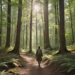 A lone woman traversing through a dense, verdant forest dappled with sunlight. She's dressed in outdoor clothing, alert and appreciating the surrounding nature.