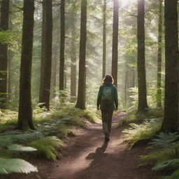 A lone woman traversing through a dense, verdant forest dappled with sunlight. She's dressed in outdoor clothing, alert and appreciating the surrounding nature.