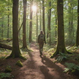 A lone woman traversing through a dense, verdant forest dappled with sunlight. She's dressed in outdoor clothing, alert and appreciating the surrounding nature.