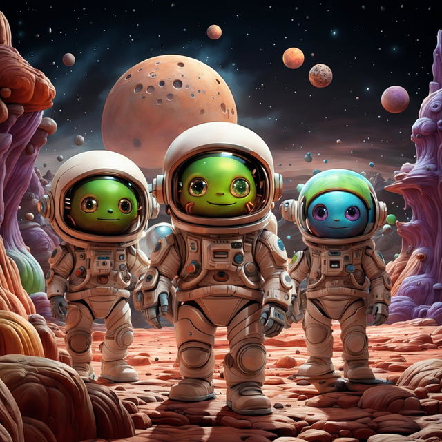 CGI art of Mars' surface where an adorable green Martian and his colorful friends greet a waving astronaut.