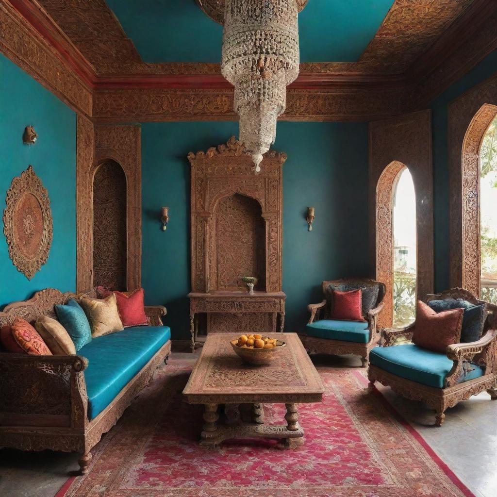 An interior design that combines Indian traditional elements with modern aesthetics. Incorporate vibrant colors, ornate furnishings, and sleek lines.