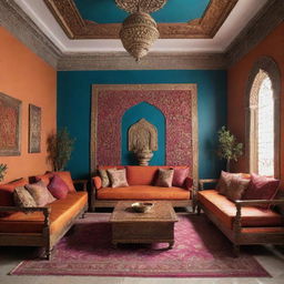 An interior design that combines Indian traditional elements with modern aesthetics. Incorporate vibrant colors, ornate furnishings, and sleek lines.